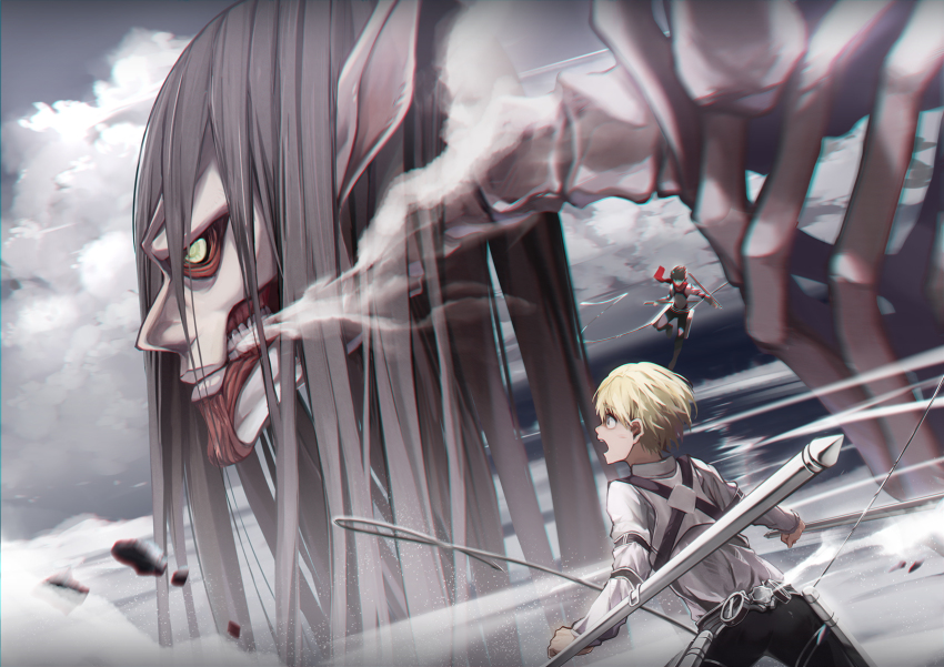 1girl 2boys armin_arlert black_hair blonde_hair cloud cloudy_sky commentary_request eren_yeager founding_titan highres koe_(mixpi) long_hair mikasa_ackerman monster multiple_boys red_scarf scarf shingeki_no_kyojin shirt sky spoilers teeth three-dimensional_maneuver_gear titan_(shingeki_no_kyojin)