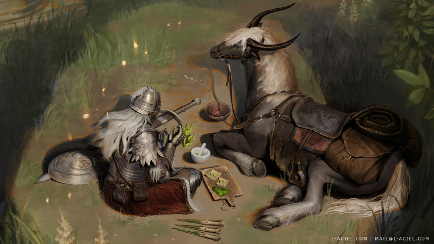 1boy armor bedroll bone_weapon cutting_board elden_ring greatsword helmet highres horns horse knife l_aciel mortar_(bowl) pelt pestle plate_armor pouch saddle shield sword tarnished_(elden_ring) throwing_knife torrent_(elden_ring) two-handed_sword weapon