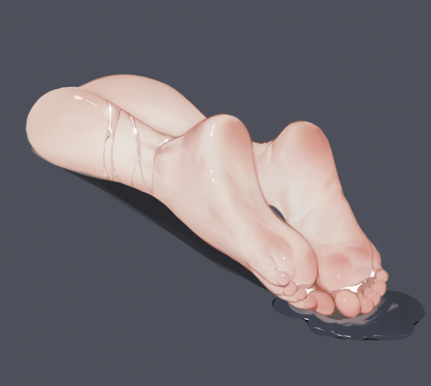 1girl barefoot calves commentary disembodied_foot feet feet_only foot_focus grandia_lee grey_background highres no_shoes original puddle shadow shiny_skin simple_background soles solo toenails water wet