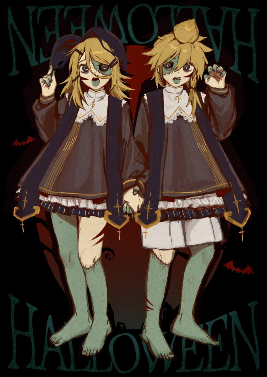1boy 1girl ahoge bare_legs barefoot bass_clef black_bow black_nails black_sclera blonde_hair blue_eyes bow capelet cassock choir claw_pose clerical_collar collar colored_sclera colored_skin colored_tongue cross cross_print cuts frilled_capelet frilled_collar frills gold_trim green_skin green_tongue grey_skin hair_between_eyes hair_bow hair_ornament hairclip halloween highres holding_hands index_finger_raised injury kagamine_len kagamine_rin long_hair looking_at_viewer medium_hair messy_hair open_mouth patchwork_skin scratches scratching_cheek shorts side_ponytail sideways_glance stitches swept_bangs teeth tongue tongue_out treble_clef tukushi_6 upper_teeth_only vocaloid white_shorts zombie zombification
