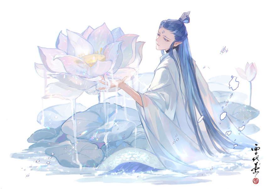 1boy ao_bing_(nezha_zhi_motong_jiangshi) blue_eyes blue_hair chinese_clothes chinese_commentary cowboy_shot dragon_boy dragon_horns dragon_tail eastern_dragon_horns eastern_dragon_tail expressionless facial_mark flower forehead_mark from_behind gradient_flower half-closed_eyes hanfu holding_water horns long_hair long_sleeves looking_at_flowers looking_to_the_side lotus lotus_leaf male_focus nezha_zhi_motong_jiangshi parted_lips pink_flower pointy_ears robe seal_impression solo tail three_quarter_view topknot turtleneck wading water white_background white_flower white_hanfu white_lotus white_robe wide_sleeves xiao_guan_(headdress) xuedaixun
