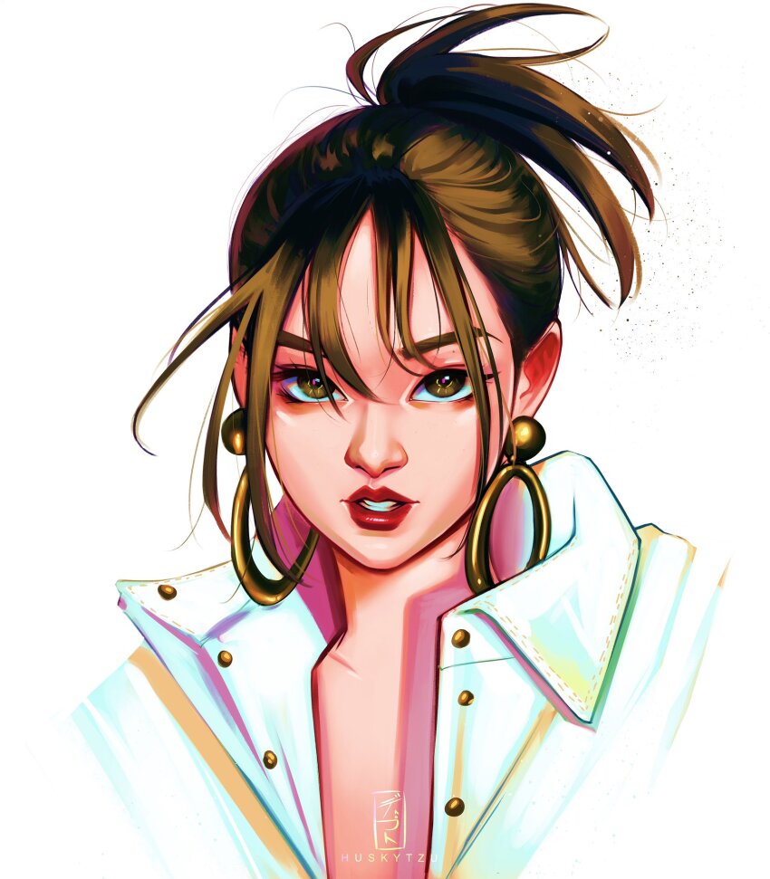 1girl blackpink brown_eyes brown_hair clenched_teeth collar commentary earrings highres hoop_earrings husky_tzu jennie_(blackpink) jewelry k-pop ponytail real_life red_lips sidelocks simple_background solo teeth upper_body white_background