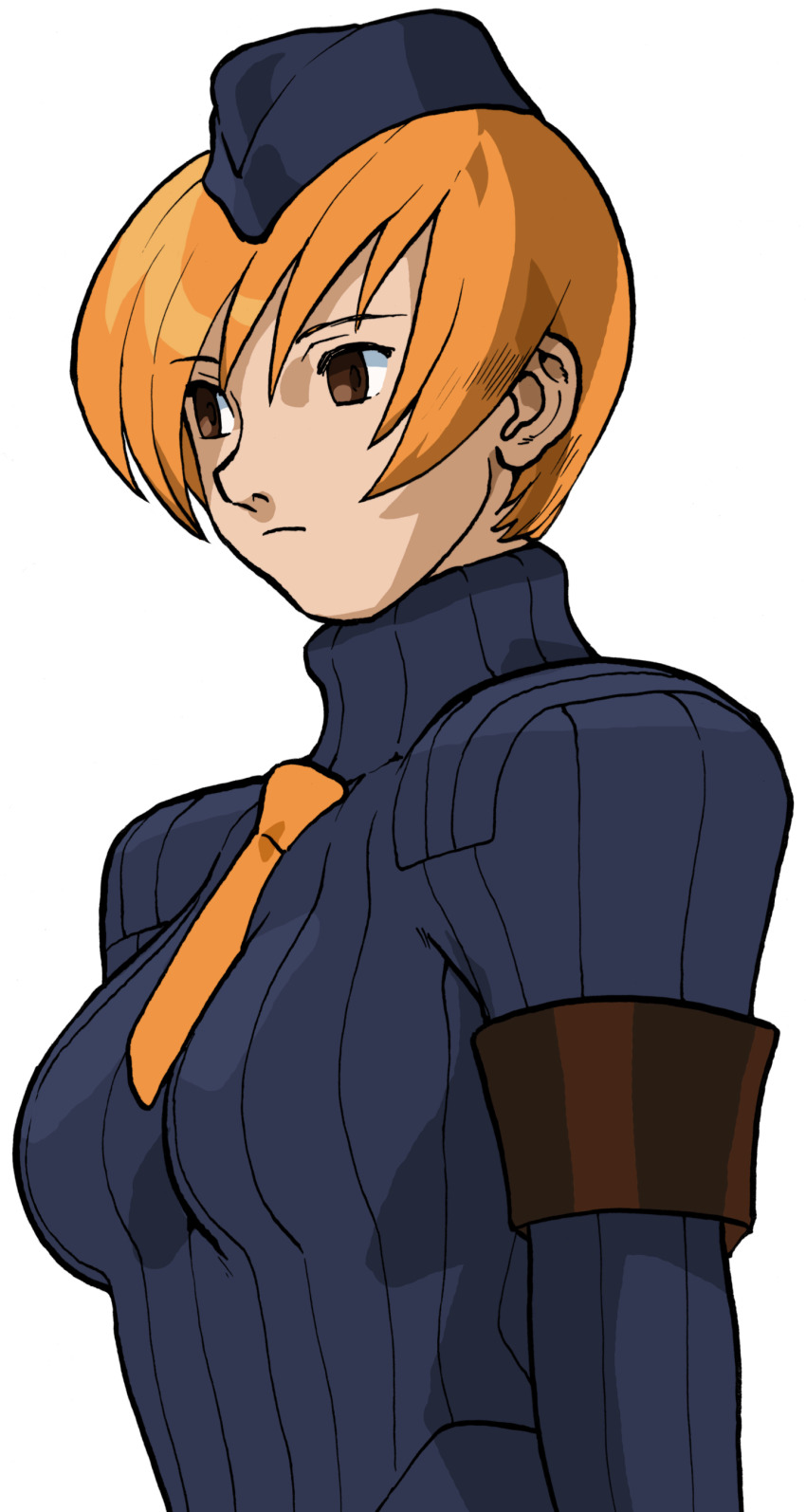 absurdres armband bengus black_armband breasts brown_eyes brown_hair game_cg garrison_cap hair_bun hat highres juni_(street_fighter) leotard necktie non-web_source official_art orange_hair orange_necktie portrait ribbed_leotard shadaloo_dolls short_hair simple_background sleeved_leotard solo street_fighter street_fighter_zero_(series) upper_body white_background