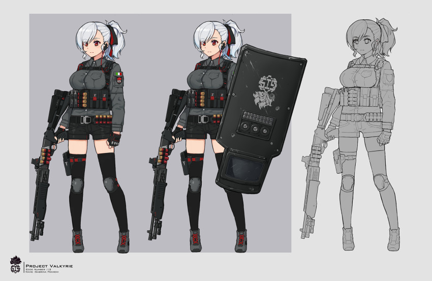 12-gauge 12-gauge_(2_3/4_inch_shell) 1girl ammunition ballistic_shield belt breast_pocket breasts commentary commentary_request dual-mode_shotgun earpiece english_commentary fingerless_gloves franchi girls&#039;_frontline gloves grey_shirt gun hair_ribbon highres holster italian_flag knee_pads large_breasts load_bearing_equipment pocket ponytail pouch pump-action_shotgun pump_action red_eyes ribbon riot_shield semi-automatic_shotgun shield shirt shoes shorts shotgun shotgun_shell sneakers spas-12 spas-12_(girls&#039;_frontline) terras thighhighs weapon white_hair zettai_ryouiki
