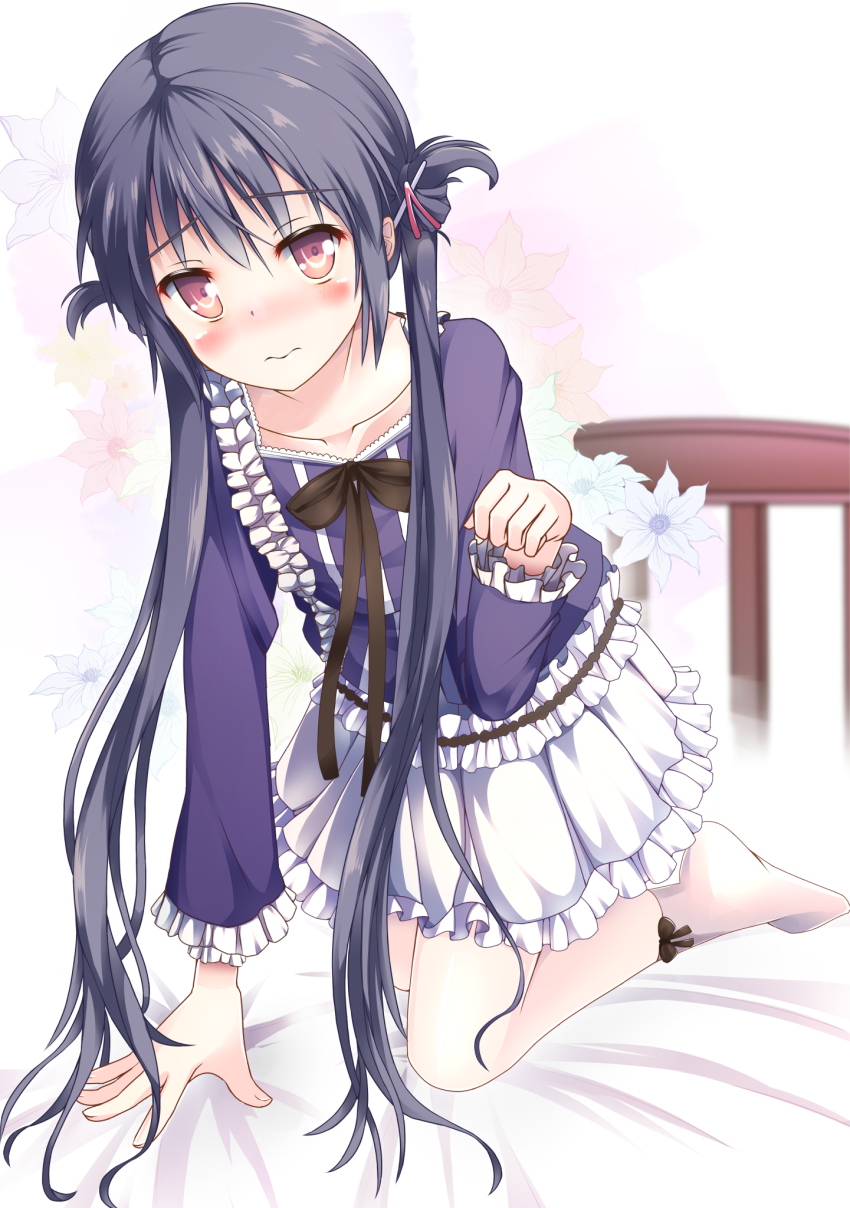 1girl bad_id bad_pixiv_id barefoot black_hair black_ribbon blush brown_eyes clover_days female_focus flower full_body hair_ornament hairclip highres long_hair long_sleeves looking_at_viewer on_bed paw_pose ribbon simple_background solo takakura_anri unwitherer very_long_hair white_background