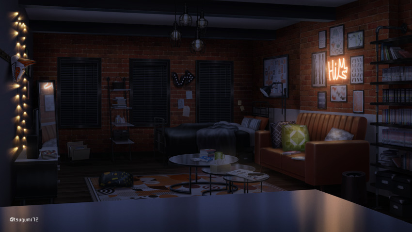 azuma_hatori basket bed bedroom blanket book book_stack bookshelf box brick_wall coffee_table controller couch cup cushion dark drawer full-length_mirror glass_table hanging_light highres indoors jar lamp magazine_(object) mirror mug mysta_rias neon_lights nijisanji nijisanji_en no_humans note official_art painting_(object) pillow poster_(object) remote_control rug scenery shelf speaker string_of_light_bulbs table tissue_box trash_can window window_blinds wooden_floor
