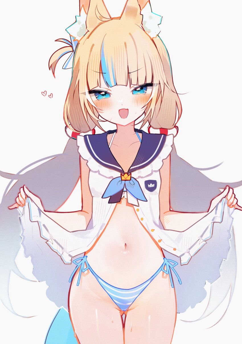 1girl absurdres ahoge animal_ear_fluff animal_ears bikini blonde_hair blue_eyes blue_hair blue_sailor_collar blush cat_ears clothes_lift commentary cowboy_shot dress dress_lift fang fins fish_girl fish_tail gluteal_fold hair_ornament heart highleg highleg_bikini highres indie_virtual_youtuber lifting_own_clothes long_hair looking_at_viewer low_twintails meiwowowo multicolored_hair navel one_side_up open_mouth sailor_collar sailor_dress sameko_saba side-tie_bikini_bottom simple_background skin_fang sleeveless sleeveless_dress smile solo standing streaked_hair striped_bikini striped_clothes swimsuit tail thigh_gap twintails very_long_hair virtual_youtuber white_background white_dress