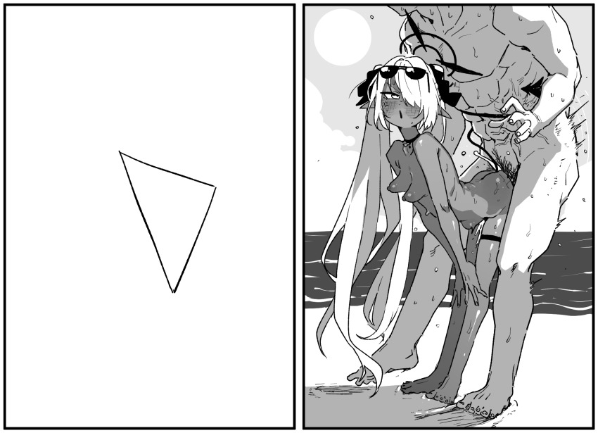 1boy 1girl asahina_yoshitoshi beach blue_archive breasts completely_nude dark-skinned_female dark_skin day demon_tail eyewear_on_head greyscale hair_over_one_eye halo hetero highres iori_(blue_archive) long_hair monochrome nipples nude outdoors pointy_ears revision sex sex_from_behind sketch small_breasts solo_focus standing standing_sex stomach_bulge sunglasses tail tail_wrap thigh_strap twintails very_long_hair
