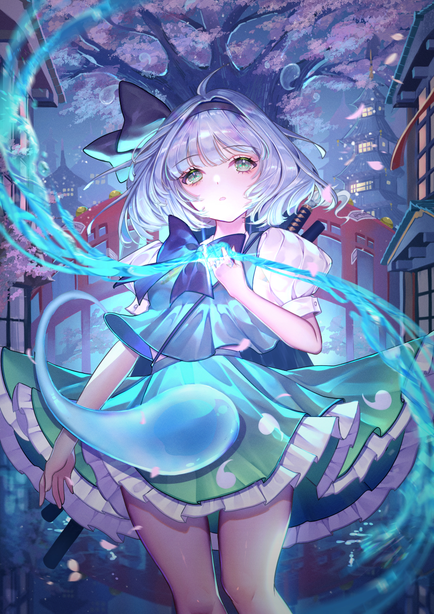 1girl absurdres ahoge arua black_bow black_bowtie black_hairband bow bowtie bridge cherry_blossoms cherry_tree commentary cowboy_shot falling_petals floating_clothes floating_hair frilled_skirt frills green_eyes green_skirt grey_hair hair_bow hairband hand_on_own_chest hand_up highres hitodama hitodama_print konpaku_youmu konpaku_youmu_(ghost) looking_ahead motion_blur pagoda parted_lips petals puffy_short_sleeves puffy_sleeves saigyou_ayakashi shirt short_hair short_sleeves skirt solo sparkle standing sword touhou weapon white_shirt