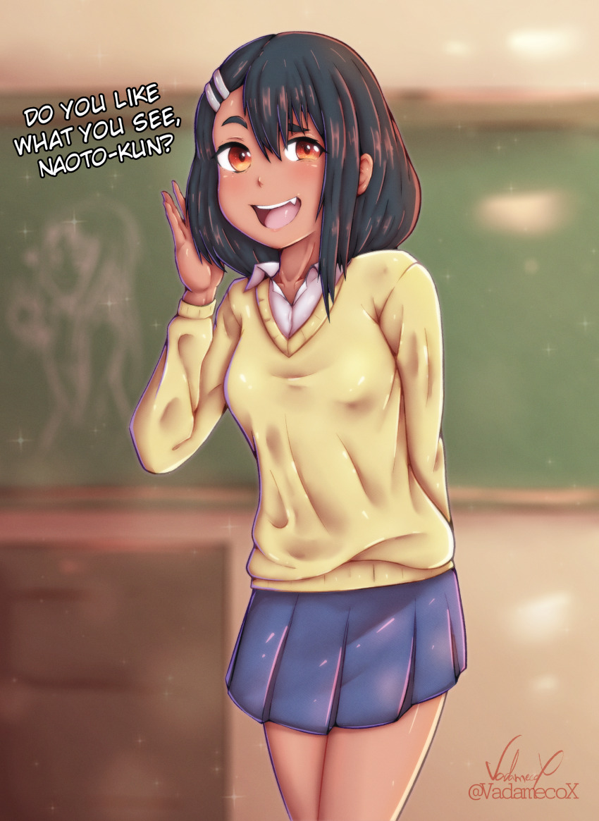 absurdres black_hair brown_eyes dark-skinned_female dark_skin fang highres ijiranaide_nagatoro-san looking_at_viewer nagatoro_hayase short_hair skirt vadamecox