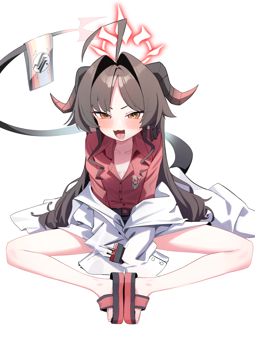 1girl absurdres ahoge black_tail blue_archive blush brown_hair collared_shirt full_body hair_intakes halo highres horns kasumi_(blue_archive) knees_apart_feet_together lab_coat long_hair looking_at_viewer open_mouth red_halo red_shirt sandals shirt simple_background sitting smile solo tail white_background whonyang yellow_eyes