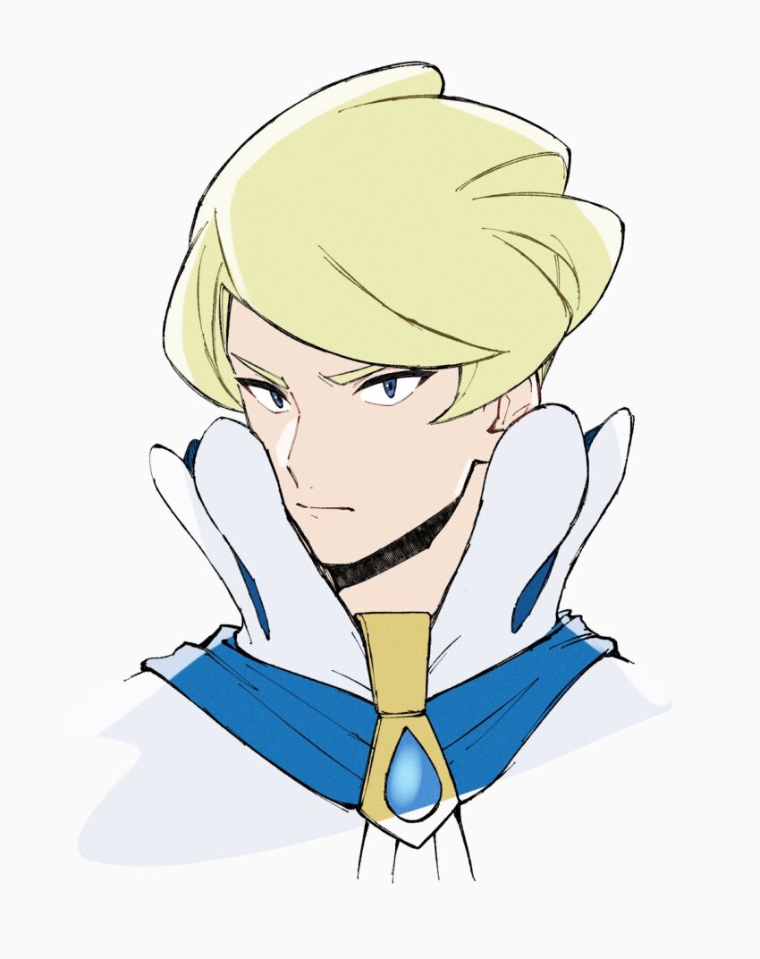 1boy blonde_hair blue_eyes closed_mouth commentary_request high_collar highres jacket looking_to_the_side male_focus mocollie nintendo pokemon pokemon_xy portrait short_hair siebold_(pokemon) simple_background solo white_background white_jacket