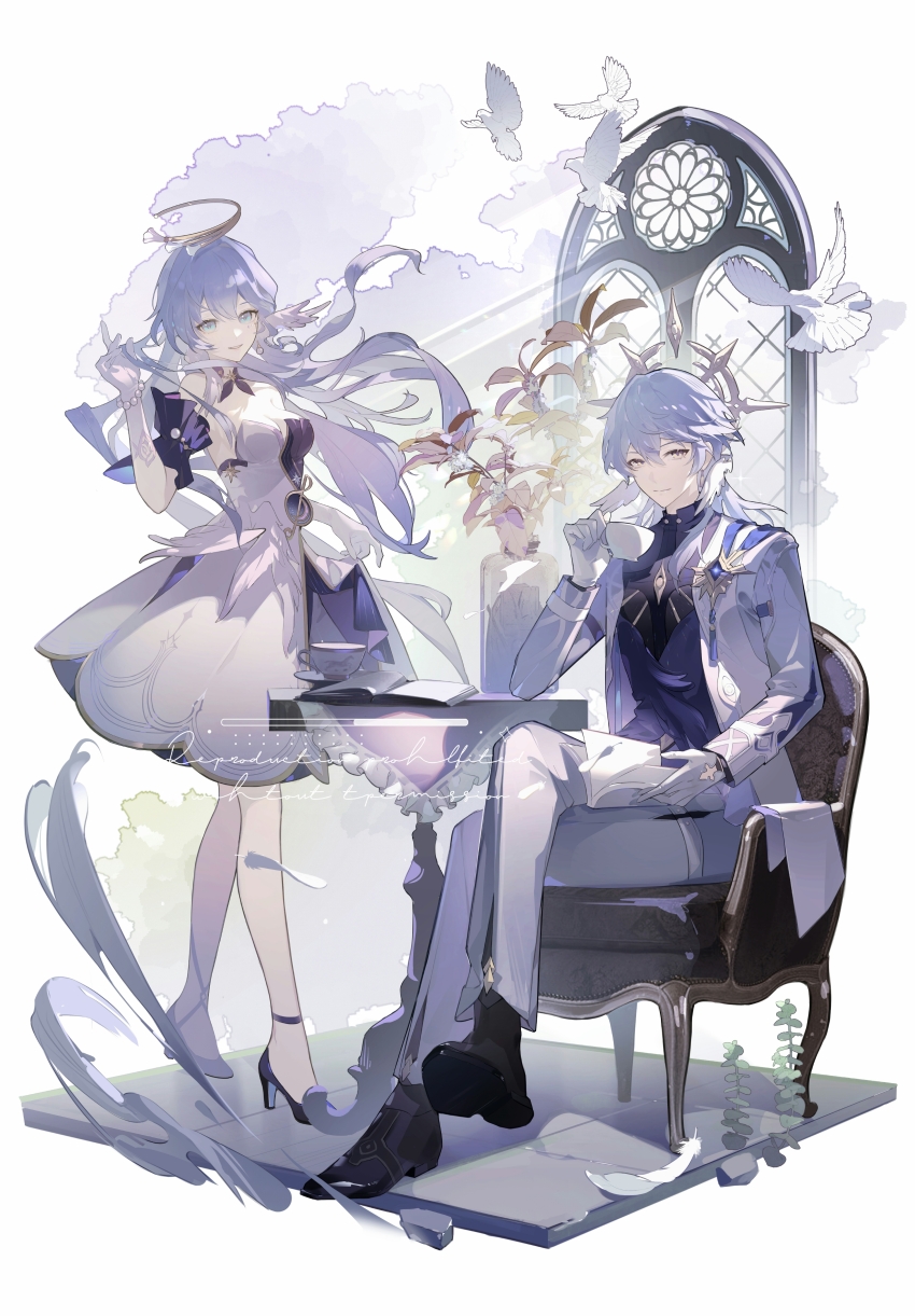1boy 1girl absurdres ankle_strap aqua_eyes armchair bare_shoulders bead_bracelet beads bird black_footwear black_shirt blue_hair blue_vest book bracelet brooch brother_and_sister chair choker closed_mouth coat cup detached_sleeves dove dress dress_shoes earrings face_jewel faux_figurine feathered_wings feathers full_body gloves gold_earrings hair_between_eyes halo halo_behind_head head_wings high_heels highres holding holding_book holding_cup holding_own_hair honkai:_star_rail honkai_(series) jewel_under_eye jewelry long_hair long_sleeves looking_at_viewer medium_hair musical_note_ornament open_book pants parted_lips pearl_earrings plant potted_plant purple_choker purple_dress purple_footwear purple_sleeves robin_(honkai:_star_rail) shirt short_sleeves siblings sitting smile spiked_halo standing strapless strapless_dress sunday_(honkai:_star_rail) table teacup tile_floor tiles turtleneck two-tone_dress vest white_background white_coat white_dress white_feathers white_gloves white_pants white_wings window wings yecangshu yellow_eyes