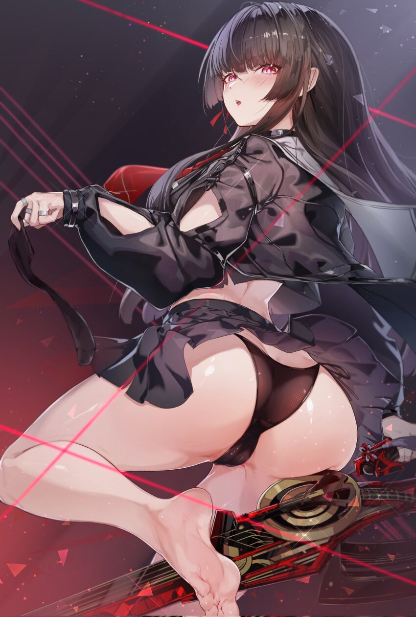 1girl arm_cutout ass bare_legs barefoot black_choker black_hair black_jacket black_panties black_skirt black_socks blush breasts cameltoe chisa_(wuthering_waves) choker clothing_cutout commentary corrupted_twitter_file feet from_behind hair_ribbon highres holding holding_sock holding_sword holding_weapon jacket large_breasts legs long_hair long_sleeves looking_at_viewer looking_back mole mole_under_eye neckerchief paid_reward_available panties parted_lips red_eyes red_neckerchief red_ribbon ribbon sailor_collar skirt socks soles solo sword thighs toes underwear unworn_socks ura_illust weapon white_sailor_collar wuthering_waves