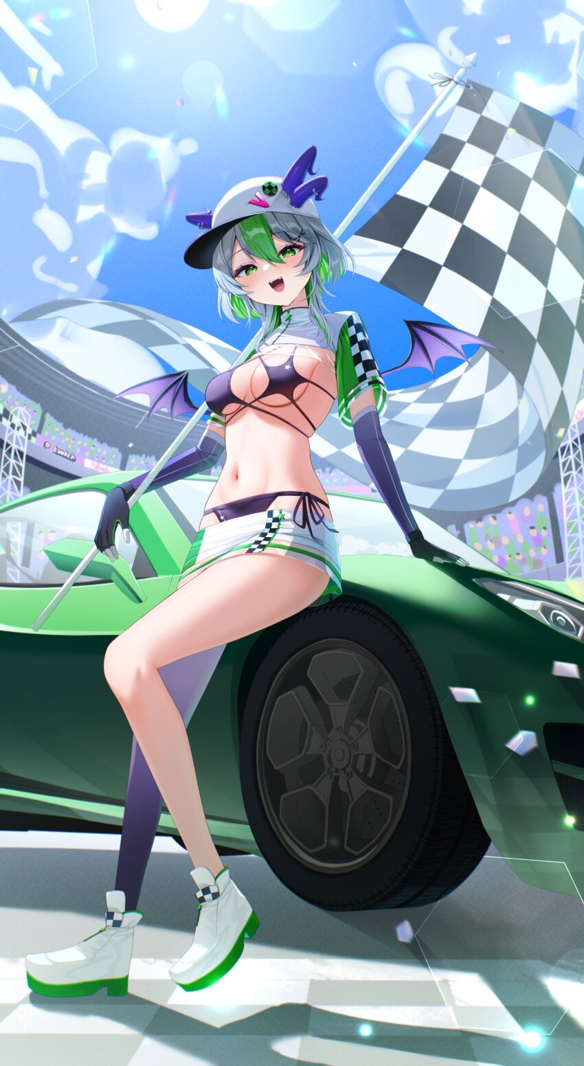 1girl aamana0 absurdres apricot_the_lich apricot_the_lich_(race_queen) bikini black_bikini car checkered_clothes checkered_flag demon_girl demon_horns demon_wings elbow_gloves eyeshadow fangs flag gloves green_car green_eyes green_hair grey_hair hair_ornament highleg highleg_bikini highres holding holding_flag horn_piercing horns horns_through_headwear looking_at_viewer makeup medium_hair miniskirt motor_vehicle multicolored_hair multiple_horns navel open_mouth purple_eyeshadow purple_horns purple_wings race_queen see-through_clothes short_sleeves shrug_(clothing) single_thighhigh skirt smile solo star_(symbol) streaked_hair swimsuit thighhighs virtual_youtuber visor_cap vshojo white_footwear white_shrug wings x_hair_ornament