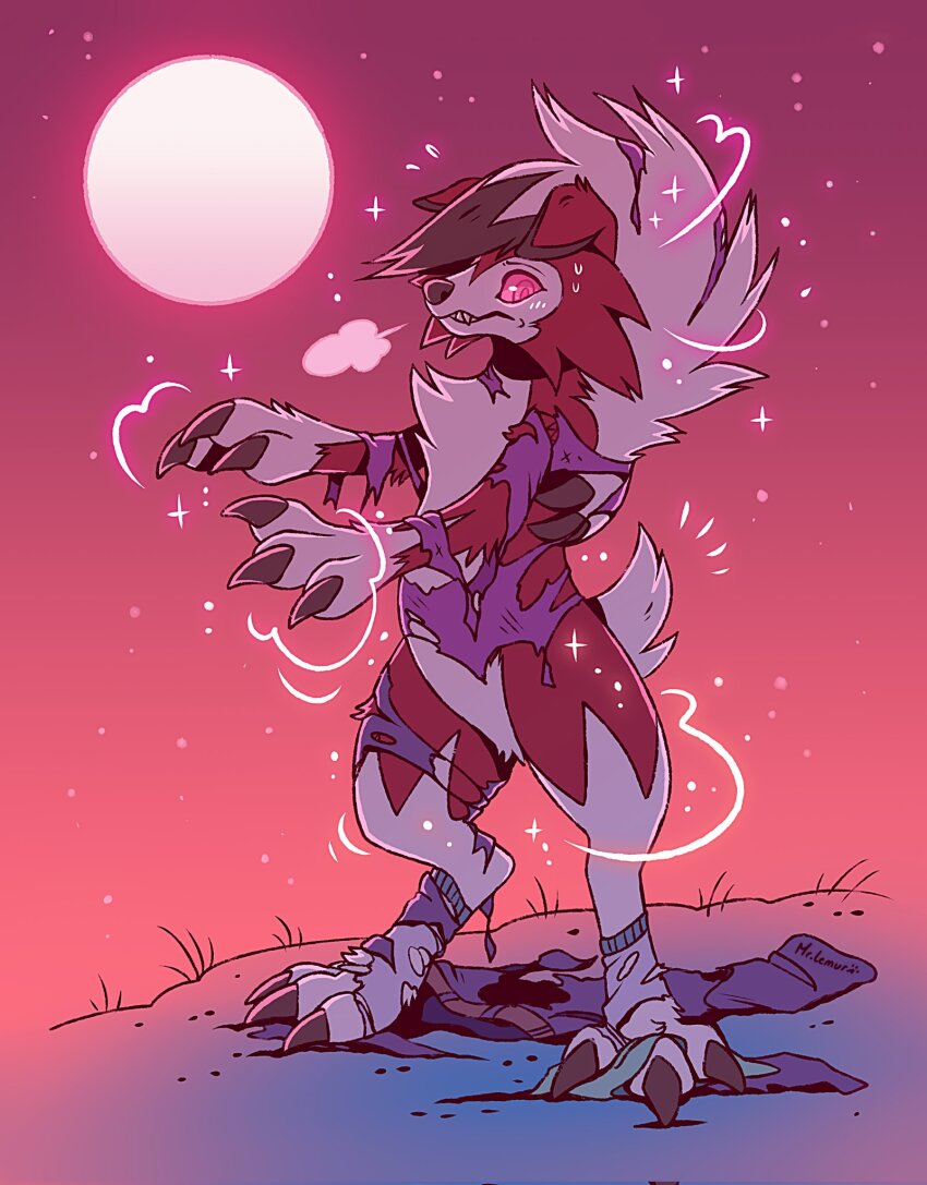 claws full_moon game_freak gen_7_pokemon highres lycanroc lycanroc_(midnight) moon mrlemur_arts multicolored_fur nintendo no_humans outdoors pokemon pokemon_(creature) red_eyes red_fur red_sky sky solo standing white_fur