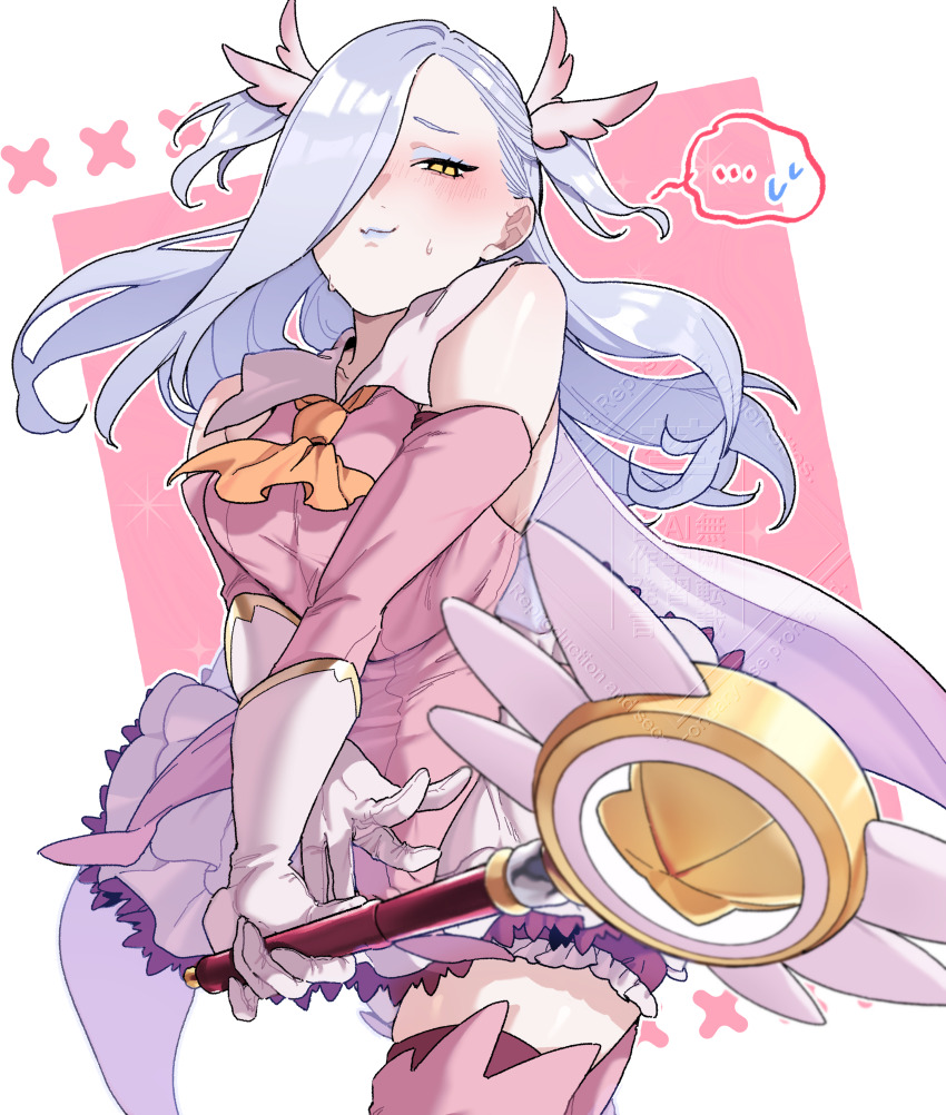 1girl absurdres ascot bare_shoulders blue_lips boots breasts cape commentary_request cosplay dress elbow_gloves eyeliner fate/grand_order fate/kaleid_liner_prisma_illya fate_(series) feather_hair_ornament feathers gloves hair_ornament hair_over_one_eye highres hiyayaako illyasviel_von_einzbern large_breasts layered_gloves long_hair looking_at_viewer magical_ruby makeup mrs._snake_(fate) pink_dress pink_gloves prisma_illya prisma_illya_(cosplay) skirt smile solo thigh_boots thighs two_side_up wand white_cape white_gloves white_hair white_skirt yellow_eyes