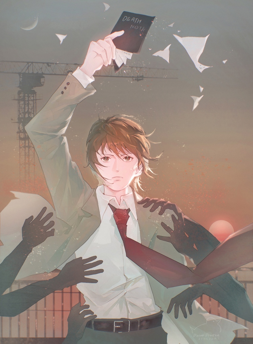 1boy absurdres belt book brown_eyes brown_hair collared_shirt crane_(machine) death_note death_note_(object) disembodied_hand dress gensou_getsumen_rt highres holding holding_book necktie open_book paper railing red_necktie shirt white_shirt yagami_light