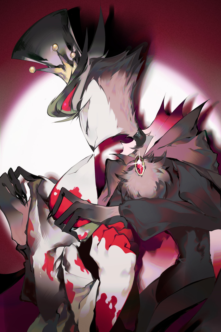 2boys absurdres black_feathers black_hat blitzo_(helluva_boss) demon_boy demon_horns demon_tail extra_eyes feathers hat helluva_boss highres horns kiss multiple_boys red_eyes stolas_(helluva_boss) tail zhu_xing_pupupu