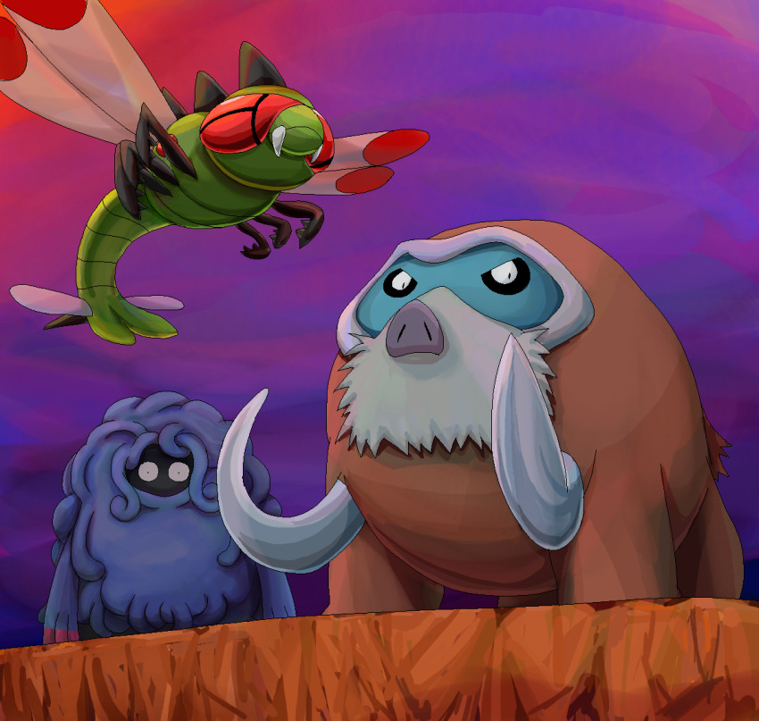 animal black_eyes boar brown_fur bug colored_sclera colored_skin dragonfly dragonfly_wings fangs gen_4_pokemon green_skin insect mammoth mamoswine mountain nintendo no_humans pig_nose plant pokemon pokemon_(creature) red_sclera risutokuri tangrowth tusks vines yanmega