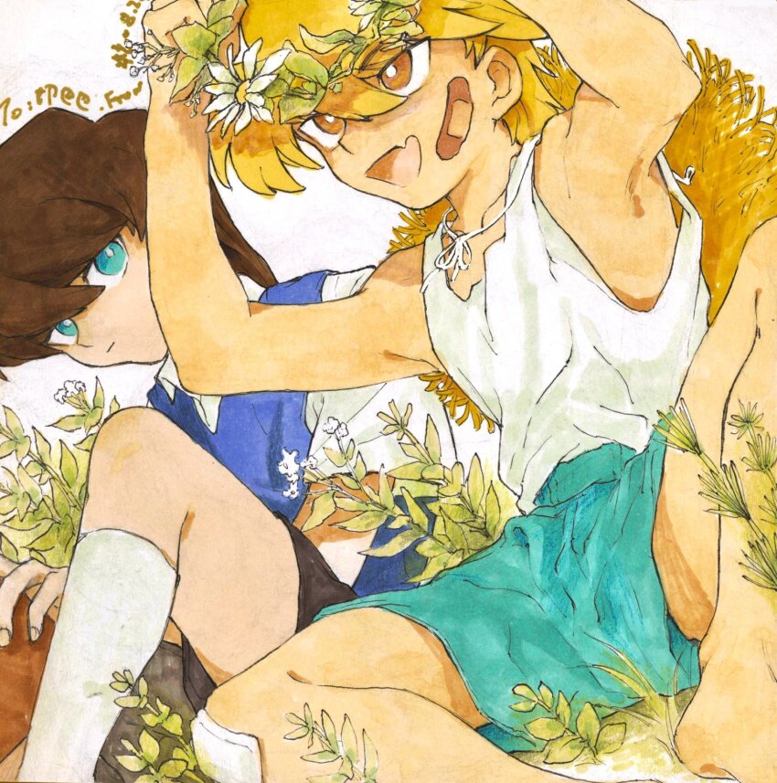 2boys aged_down alternate_universe bandage_on_face bandaged_knees bandages black_shorts blonde_hair blue_eyes blue_shorts blue_vest bright_pupils brown_eyes brown_hair child collared_shirt commentary_request daisy_(flower) day dutch_angle fang flower hat head_wreath highres jonouchi_katsuya kaiba_seto knee_up kneehighs leaf light_smile male_focus multiple_boys open_mouth outdoors plant shirt short_hair shorts signature sitting skin_fang socks spread_legs sun_hat suzuri513 tank_top vest white_background white_flower white_shirt white_socks white_tank_top wing_collar yu-gi-oh! yu-gi-oh!_duel_monsters