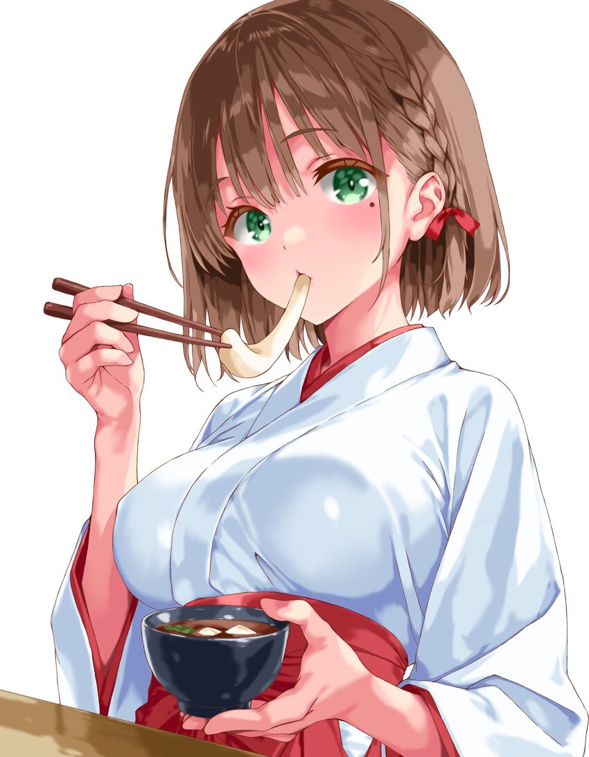 1girl bowl braid brown_hair chopsticks commentary_request eating food_request green_eyes hakama highres holding holding_bowl holding_chopsticks iwato_(celler) japanese_clothes looking_at_viewer miko mole mole_under_eye original red_hakama short_hair simple_background solo upper_body white_background