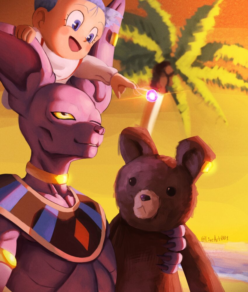 1boy 1girl ancient_egyptian_clothes animal_ear_piercing animal_ears animal_nose baby beach beerus bib blue_eyes blue_hair bra_(dragon_ball) cat_ears collarbone colored_sclera colored_skin commentary dragon_ball dragon_ball_super energy_ball english_commentary english_text furry furry_male highres holding holding_stuffed_toy jewelry light_blush liveart001 long_sleeves looking_up loose_hair_strand neck_ring on_head palm_tree parted_lips person_on_head purple_skin ribs sand sky smile stuffed_animal stuffed_toy sunset teddy_bear tree twitter_username water yellow_sclera yellow_sky
