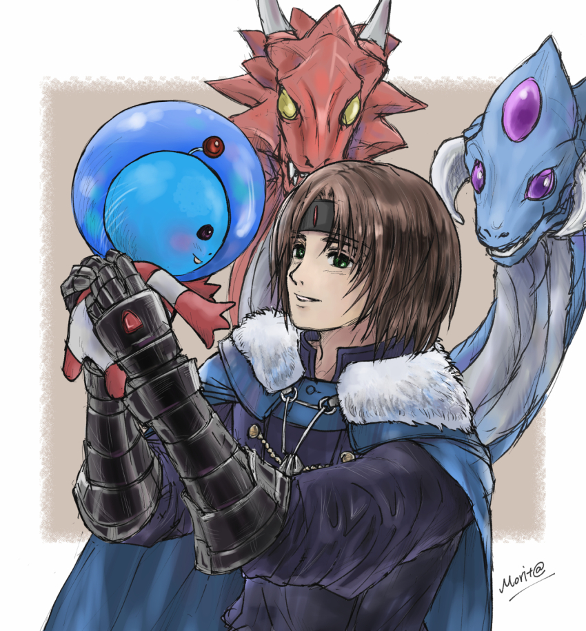 2boys alien ashton_anchors blue_skin blush brown_hair cape chrono_cross colored_skin crossover dragon gloves green_eyes headband highres male_focus morit@ multiple_boys short_hair signature smile star_ocean star_ocean_the_second_story starky_(chrono_cross)