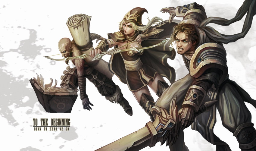 1girl 2boys armor arrow_(projectile) ashe_(league_of_legends) book bow_(weapon) garen_(league_of_legends) highres league_of_legends long_hair multiple_boys ryze scroll short_hair sword weapon yinanhuanle