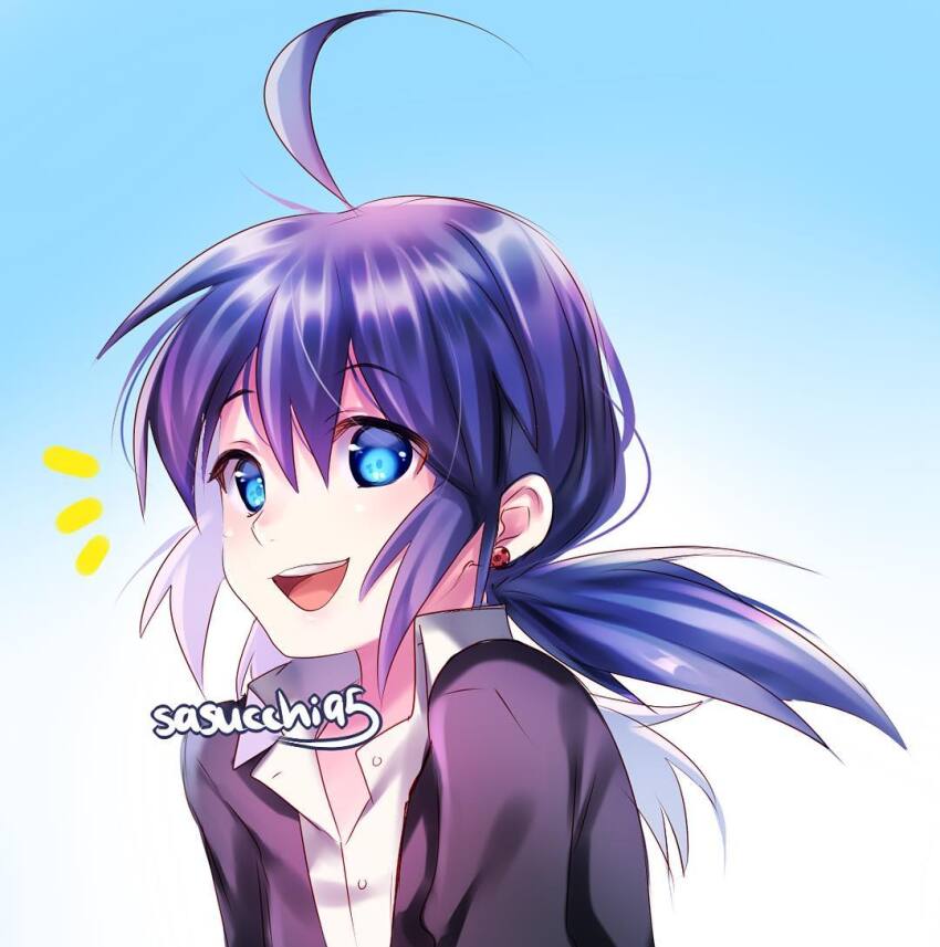 1girl :d antenna_hair artist_name black_jacket blue_background blue_eyes blush buttons collared_shirt earrings from_below from_side gradient_background jacket jewelry looking_at_viewer low_twintails marinette_dupain-cheng medium_hair miraculous_ladybug notice_lines open_clothes open_jacket open_mouth portrait purple_hair raised_eyebrows sasucchi95 shirt smile solo teeth tongue twintails two-tone_background upper_teeth_only white_background white_shirt