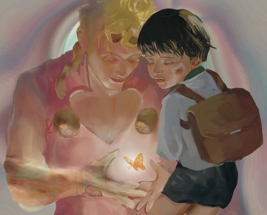2boys aged_down backpack bag bandage_on_face bandages black_hair blonde_hair braid bug butterfly commentary_request danart14020 dual_persona eyelashes giorno_giovanna gold_experience haruno_shiobana highres insect jacket jojo_no_kimyou_na_bouken lips long_hair long_sleeves male_focus multiple_boys pink_jacket realistic shirt short_hair shorts smile stand_(jojo) vento_aureo white_shirt