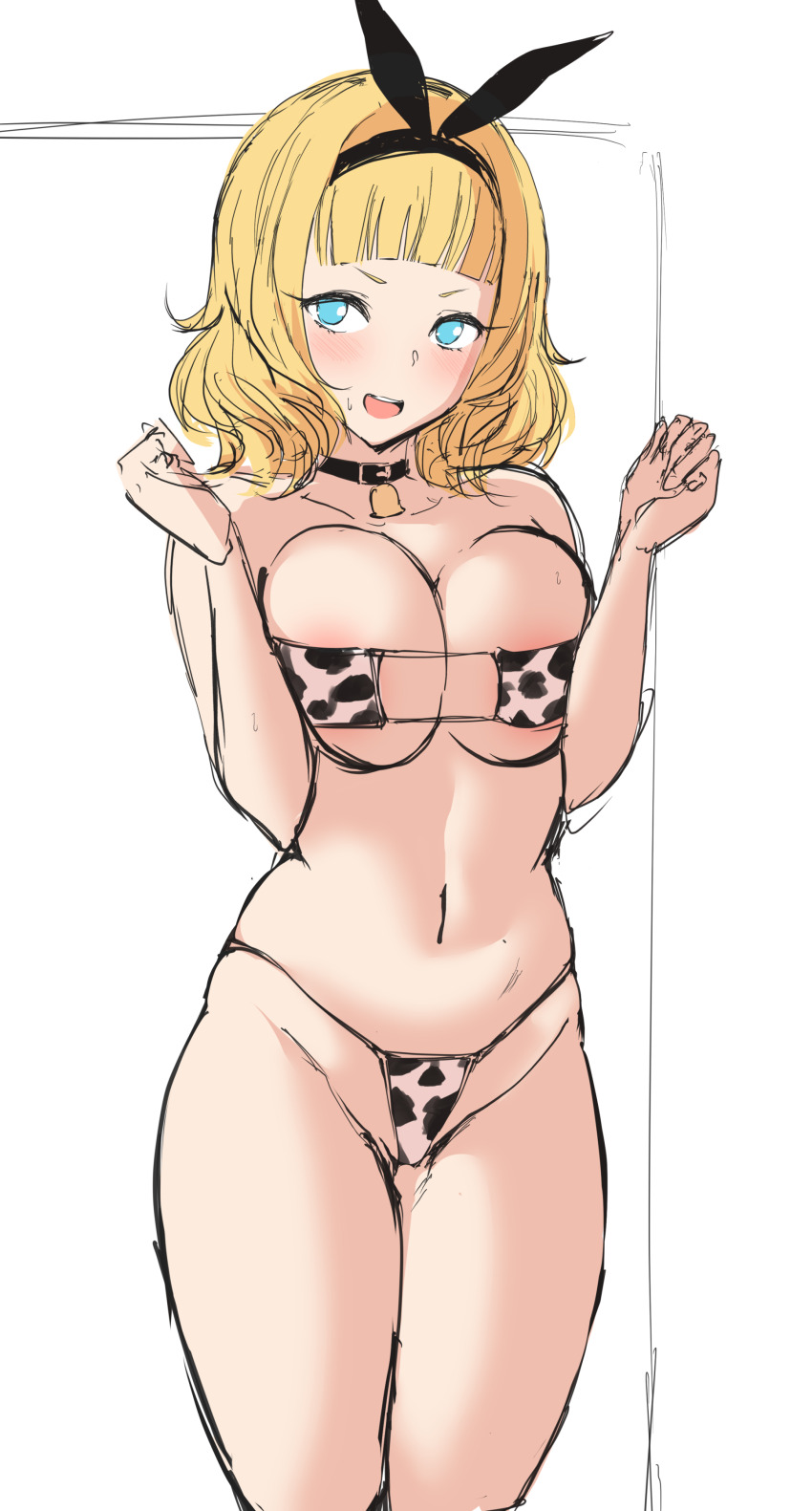 1girl absurdres agetama animal_print aqua_eyes areola_slip bell bikini black_bikini blonde_hair blunt_bangs blush breasts collar collarbone commentary_request cow_print eyepatch_bikini groin hands_up highres large_breasts looking_at_viewer medium_hair multicolored_bikini navel neck_bell open_mouth saionji_usagi simple_background sketch smile solo sweat swimsuit taimadou_gakuen_35_shiken_shoutai teeth two-tone_bikini underboob upper_teeth_only white_background white_bikini