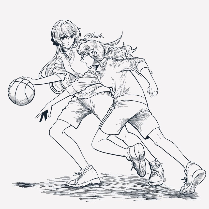 2girls artist_name ball basketball basketball_(object) commentary_request floating_hair from_side full_body glasses grey_background greyscale gym_shirt gym_uniform hair_between_eyes hair_intakes hair_ribbon hand_up heel_up highres holding holding_ball hoshimi_junna jacket leaning_forward legs_apart long_hair long_sleeves looking_at_another looking_at_object looking_to_the_side low_side_ponytail monochrome multiple_girls open_mouth parted_lips playing_sports profile ribbon shirt shoe_soles shoes shoujo_kageki_revue_starlight shoujo_kageki_revue_starlight_-re_live- shozoku side_ponytail signature simple_background sleeves_pushed_up sneakers standing standing_on_one_leg three-quarter_sleeves track_jacket v-shaped_eyebrows yukishiro_akira