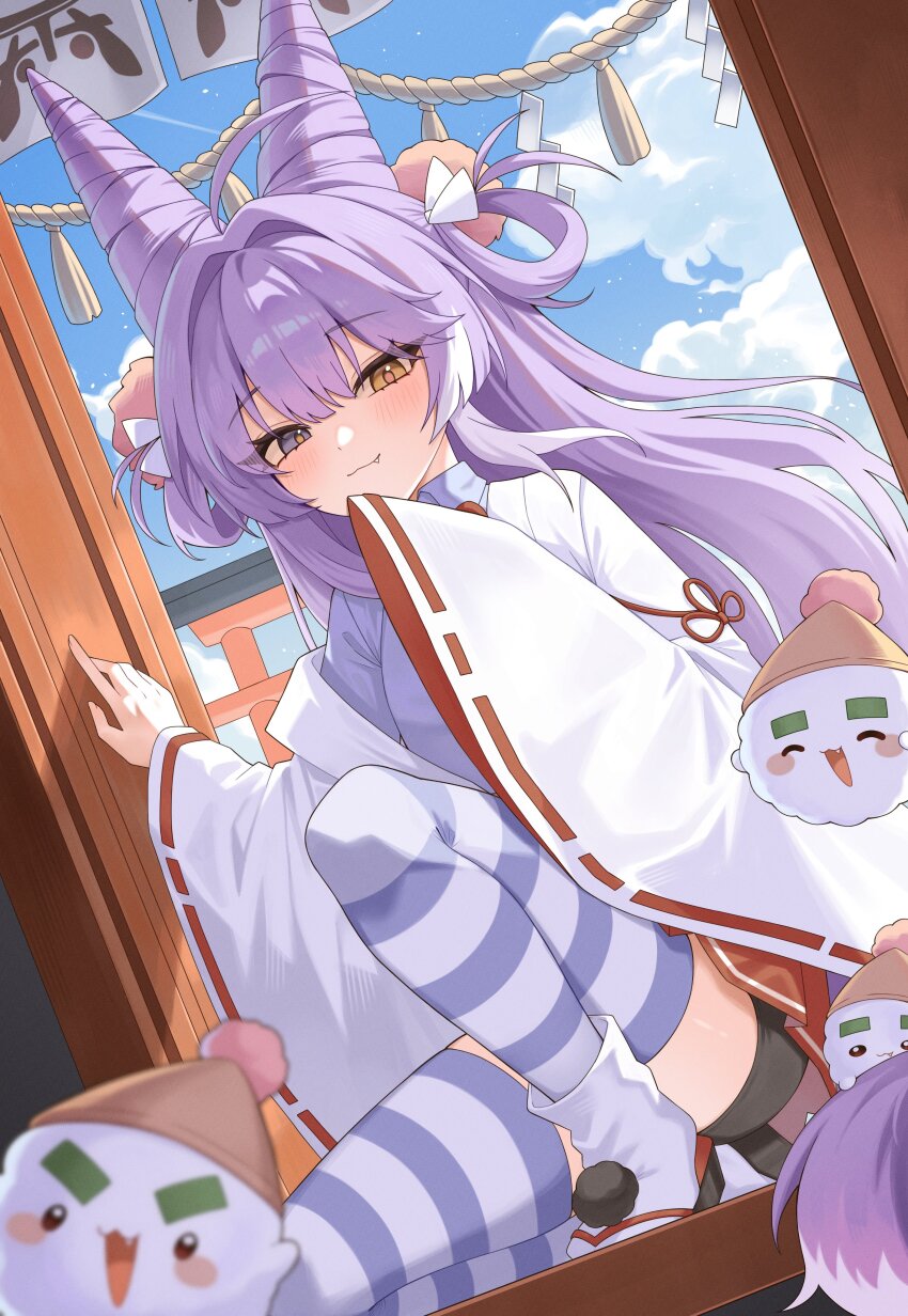 1girl ^_^ absurdres ahoge bike_shorts_under_skirt blue_eyes blush_stickers brown_eyes brown_pupils closed_eyes closed_mouth commentary cone_hair_bun creature day doorway double_bun fang floating_hair full_body hair_bun hair_intakes heterochromia highres inari_(tenko_shibuki) kosode long_hair long_sleeves looking_at_viewer miniskirt multicolored_hair nhom_(woogi) open_mouth pink_pupils pleated_skirt pom_pom_(clothes) purple_hair purple_shirt red_skirt shirt skirt smile solo squatting stellive streaked_hair striped_clothes striped_thighhighs symbol-only_commentary tabi tenko_shibuki thighhighs v-shaped_eyebrows virtual_youtuber wide_sleeves