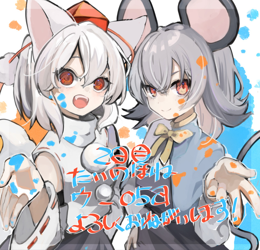 2girls animal_ears black_dress black_skirt bow bowtie capelet closed_mouth commentary detached_sleeves dress grey_capelet grey_hair hall_jion hand_on_own_hip hat highres inubashiri_momiji looking_at_viewer medium_hair mouse_ears mouse_girl mouse_tail multiple_girls nazrin open_mouth pom_pom_(clothes) red_eyes red_hat ribbon-trimmed_sleeves ribbon_trim shirt short_hair side-by-side skirt sleeveless sleeveless_shirt smile standing tail tokin_hat touhou translated turtleneck turtleneck_shirt white_hair white_shirt white_sleeves wolf_ears wolf_girl wolf_tail yellow_bow yellow_bowtie