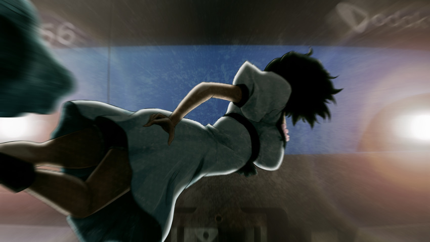 1girl black_bow black_hair black_sash black_trim blue_dress blue_hat bob_cut boots bow breasts brown_boots chest_bow collar collarbone dress floating floating_hat frilled_collar frills from_side game_cg hat highres huke imminent_death incoming_train leather leather_boots medium_breasts medium_hair motion_blur motion_lines non-web_source official_art pink_frills puffy_short_sleeves puffy_sleeves sash shiina_mayuri short_hair short_sleeves shorts shorts_under_dress shorts_under_skirt solo steins;gate thick_thighs thighs train unworn_hat unworn_headwear waist_sash