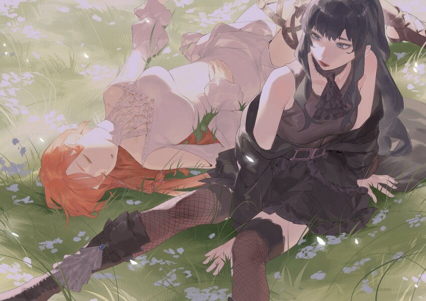 2girls :o ascot bare_shoulders black_ascot black_hair black_jacket blue_eyes commentary dress english_commentary final_fantasy final_fantasy_xiv fishnet_thighhighs fishnets gaia_(ff14) highres jacket long_hair looking_at_another lying multiple_girls off_shoulder on_back on_grass orange_hair parted_lips red_lips ryein ryne_waters sidelocks sitting sleeping thighhighs white_dress