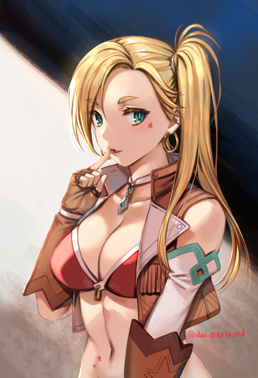 1girl armlet bare_shoulders bikini bikini_top_only blonde_hair breasts brown_gloves brown_vest calamity_jane_(fate) calamity_jane_(first_ascension)_(fate) cleavage cropped_vest earrings facial_tattoo fate/grand_order fate_(series) fingerless_gloves forehead gloves green_eyes highres hoop_earrings jewelry large_breasts long_hair looking_at_viewer moriyama_daisuke navel neck_ring open_clothes open_vest parted_bangs parted_lips red_bikini side_ponytail solo star_tattoo stomach_tattoo swimsuit tattoo vest