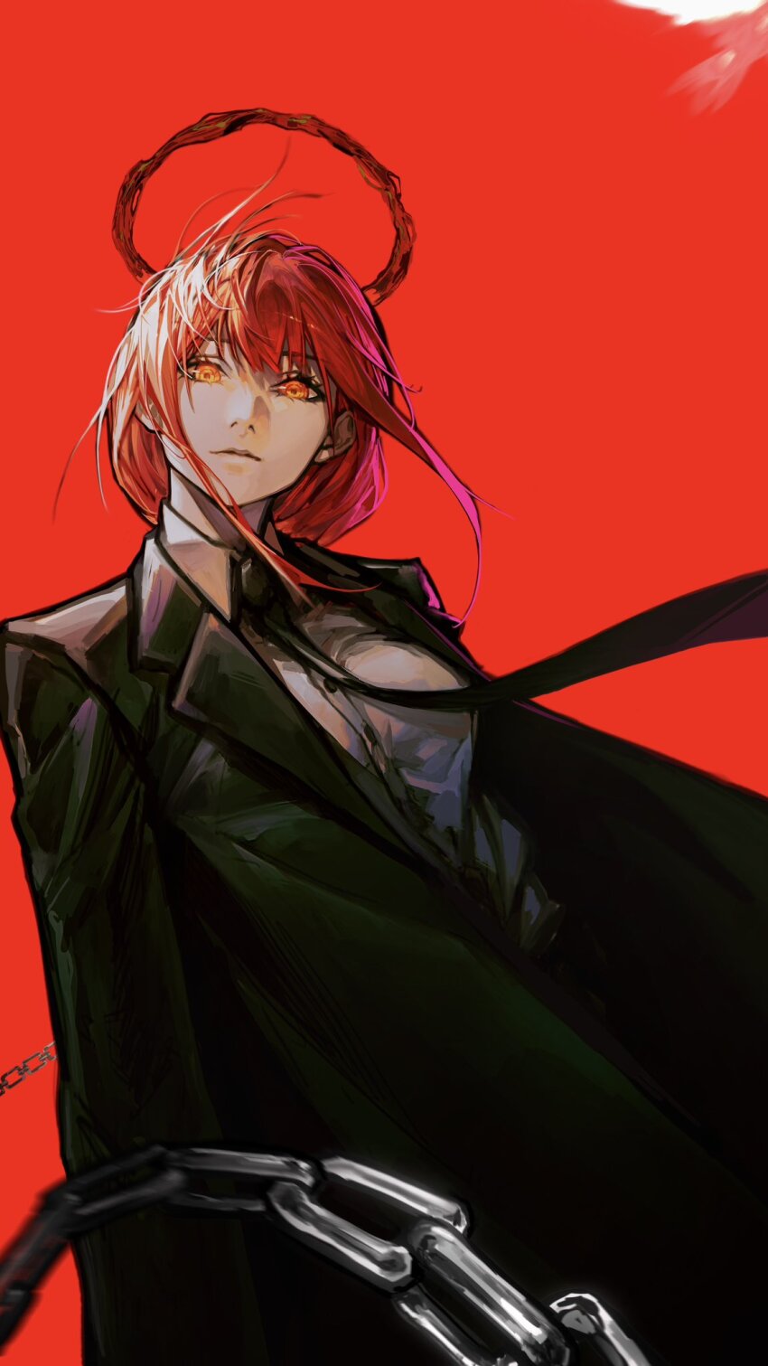 1girl black_coat black_necktie chain chainsaw_man closed_mouth coat deka_yo halo highres makima_(chainsaw_man) necktie red_background red_hair red_halo ringed_eyes shirt solo white_shirt yellow_eyes