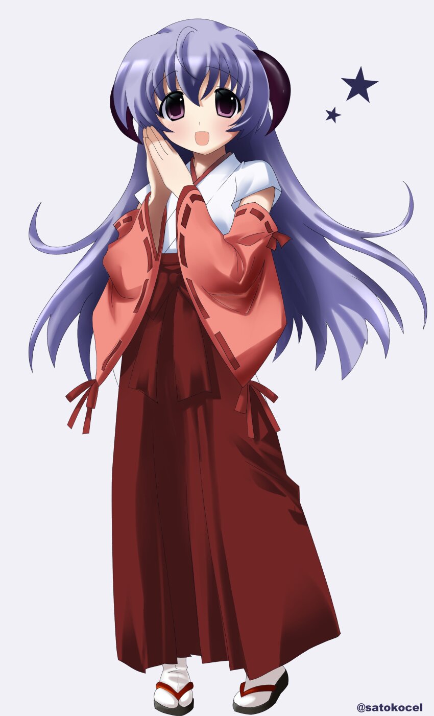 1girl 2000s_(style) absurdres blue_hair commentary commission demon_horns detached_sleeves english_commentary full_body hakama hakama_skirt hanyuu highres higurashi_no_naku_koro_ni horns japanese_clothes kimono long_hair long_skirt looking_at_viewer open_mouth own_hands_together purple_eyes red_skirt red_sleeves ribbon-trimmed_sleeves ribbon_trim sandals satokocel simple_background skirt smile socks solo star_(symbol) tabi tachi-e twitter_username white_background white_kimono white_socks zouri