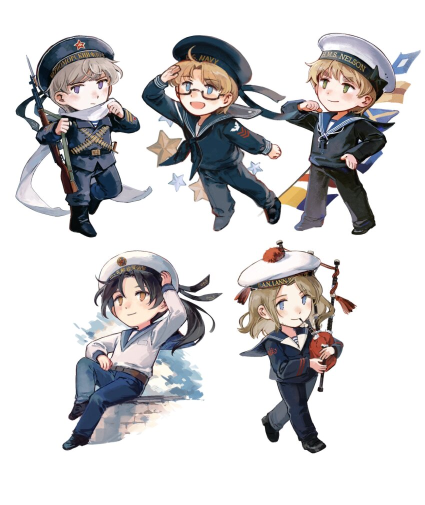5boys america_(hetalia) axis_powers_hetalia belt black_hair blonde_hair china_(hetalia) france_(hetalia) french_navy hat highres low_ponytail male_focus military_uniform multiple_boys naval_uniform naval_working_uniform people&#039;s_liberation_army people&#039;s_liberation_army_navy ponytail royal_navy russia_(hetalia) russian_navy sailor sailor_hat shirt striped_clothes striped_shirt united_kingdom_(hetalia) united_states_navy yorktown_cv-5