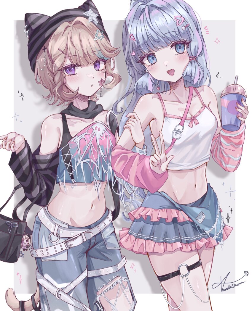 2girls :d alternate_costume ayaka_(genshin_impact) bag bare_shoulders belt black_bag black_hat black_sleeves blue_eyes blue_hair blue_pants blue_skirt blush breasts cat_tail cleavage collarbone commentary crop_top cup detached_sleeves disposable_cup english_commentary facial_mark fingernails genshin_impact hair_ornament hairpin hand_on_another&#039;s_arm hand_up hat highres holding holding_cup light_blue_hair light_brown_hair long_hair looking_at_viewer lynette_(genshin_impact) medium_breasts medium_hair midriff multiple_girls multiple_hairpins navel o-ring o-ring_thigh_strap open_mouth pants pink_sleeves purple_eyes shoulder_bag signature single_bare_shoulder skirt smile star_(symbol) star_facial_mark tail thigh_strap vanillashiii very_long_hair w white_belt