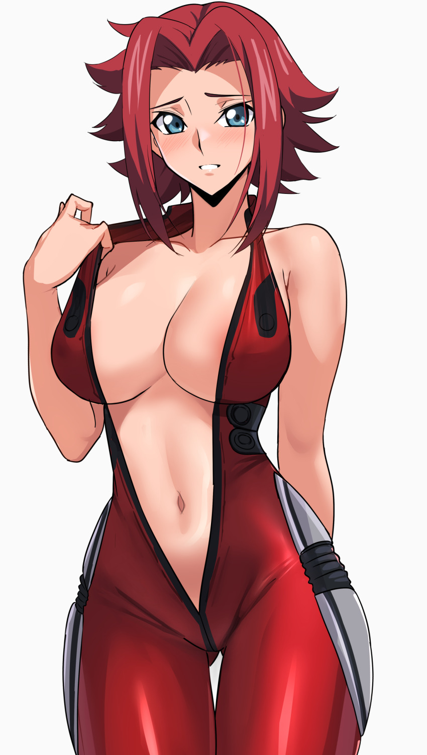 1girl absurdres artist_name blue_eyes breasts code_geass collarbone hair_intakes highres kouzuki_kallen large_breasts looking_at_viewer mecha_pilot_suit navel red_bodice red_hair short_hair simple_background solo solo_focus standing stomach unzipped white_background yoo_tenchi