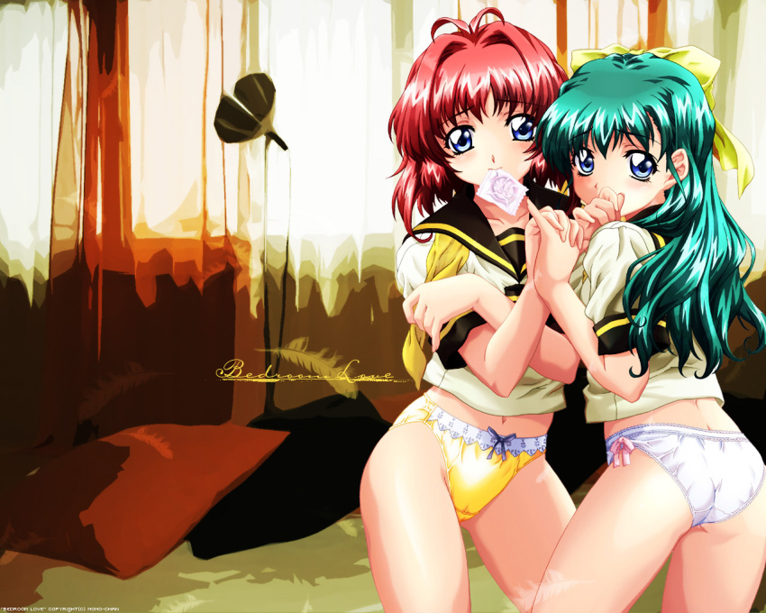 00s 2girls ass blue_eyes blush bottomless bow bow_panties condom condom_in_mouth condom_wrapper green_hair holding_hands interlocked_fingers lace lace-trimmed_panties lace_trim loli long_hair miyafuji_miina mouth_hold multiple_girls nagayori navel no_pants onegai_twins onodera_karen panties propositioning red_hair ribbon school_uniform serafuku underwear white_panties yellow_panties