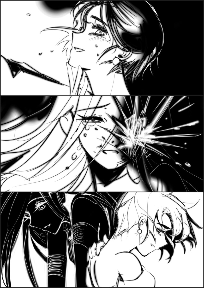 2girls alien_stage bare_shoulders commentary crying earrings english_commentary greyscale hand_on_own_chin hand_on_own_shoulder head_back highres jewelry long_hair looking_back looking_down mijiang_47 mizi_(alien_stage) monochrome multiple_girls one_eye_covered open_mouth portrait short_hair smile sua_(alien_stage) tears