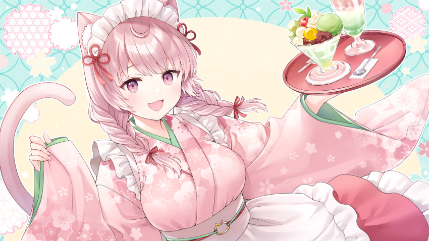 1girl :3 :d animal_ear_fluff animal_ears apron bow braid breasts cat_ears cat_o-ring cat_tail cherry_blossoms commission cup drink drinking_glass e_(eokiba) floral_print food frilled_apron frills hair_bow highres holding holding_tray ice_cream indie_virtual_youtuber izumiya_konomi japanese_clothes kimono large_breasts maid maid_apron maid_headdress matcha_parfait medium_breasts o-ring open_mouth parfait pinching_sleeves pink_bow pink_eyes pink_hair pink_kimono skeb_commission smile solo spoon tail tray twin_braids virtual_youtuber wa_maid wagashi white_apron wide_sleeves