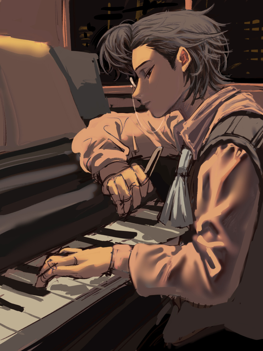 1boy absurdres ascot beijingban18388 black_eyes black_hair black_vest blue_ascot chinese_commentary closed_mouth collared_shirt commentary_request highres identity_v indoors instrument long_sleeves male_focus night orpheus_(identity_v) piano pink_shirt shirt short_hair sketch solo vest