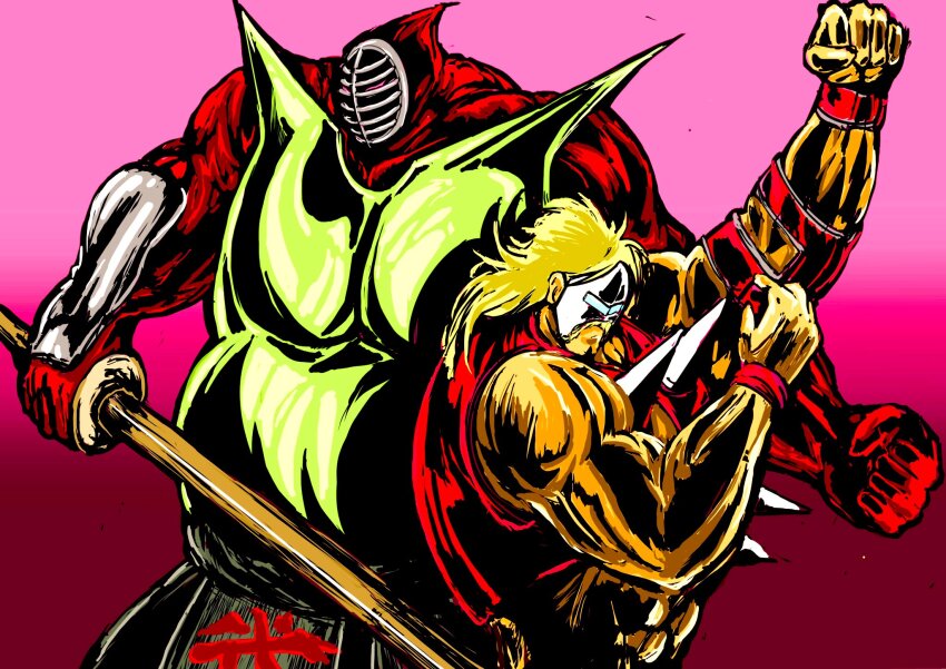 2boys armor biceps big_the_budo clenched_hands facial_hair helmet highres holding holding_sword holding_weapon kinnikuman looking_at_viewer manly multiple_boys muscular mustache neptuneman serious shaded_face simple_background spikes sword tag_team weapon wooden_sword yoshiokanp