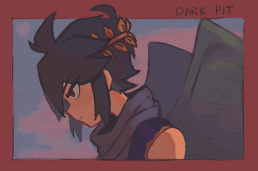 1boy ahoge angel angel_wings black_hair border character_name dark_pit from_side highres kid_icarus kid_icarus_uprising laurel_crown lorinovashley male_focus nintendo red_border red_eyes solo wings