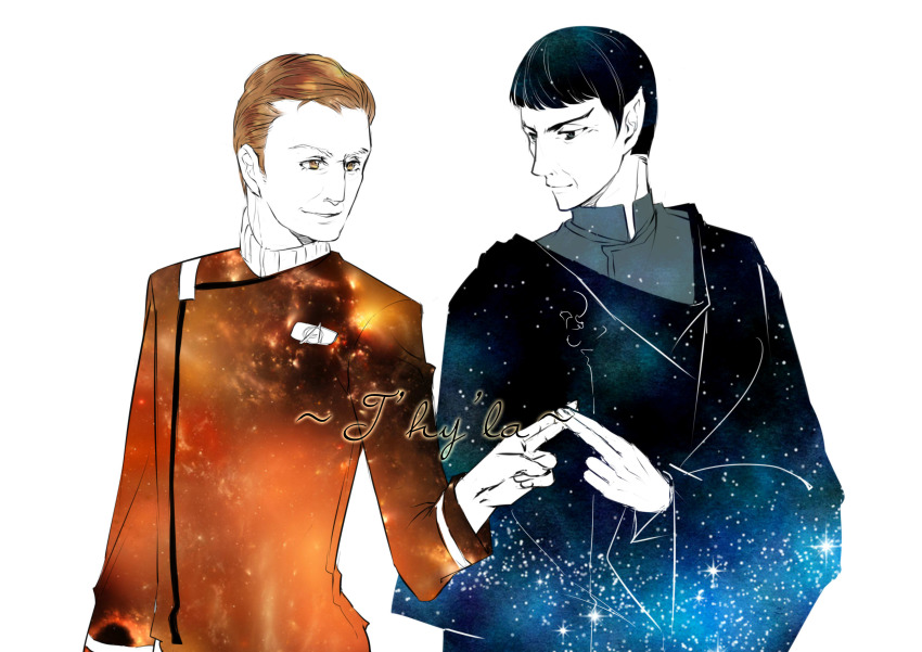 2boys absurdres highres james_tiberius_kirk multiple_boys pointy_ears spock star_trek tagme vulcan white_background yaoi